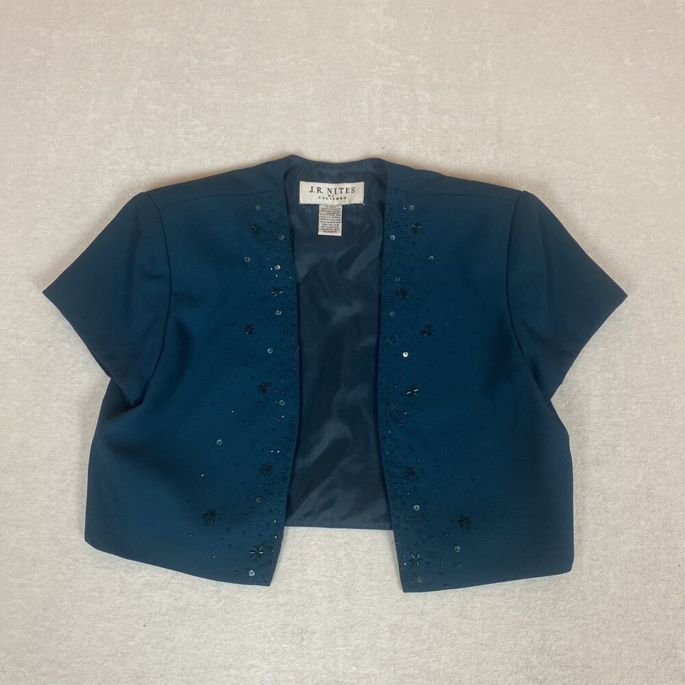Vintage J.R. Nites Teal Beaded Sequin Cropped Jacket Bolero Evening Formal 6